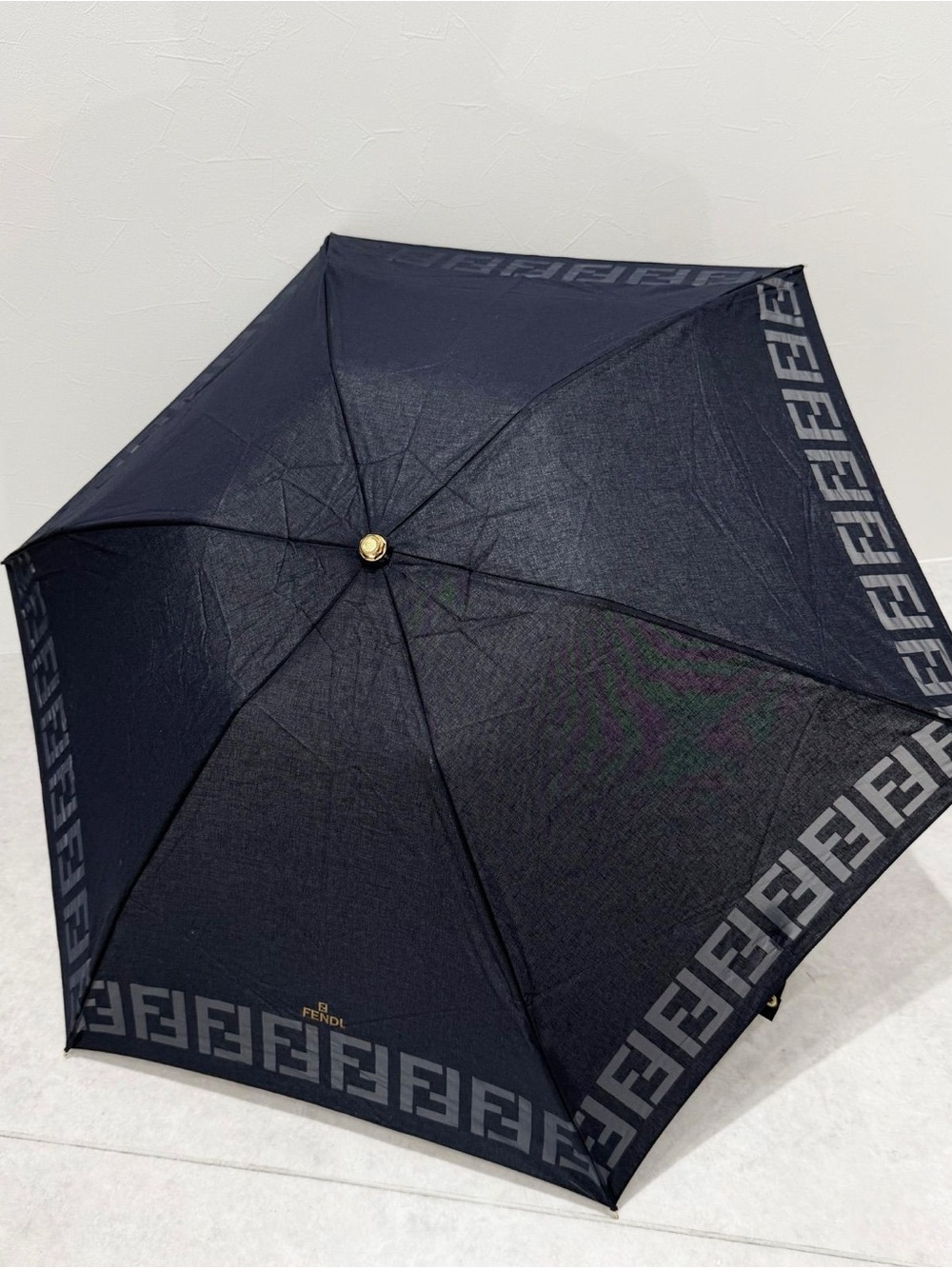 Fendi Navy Umbrella with Gray FF Border and Gold Accent